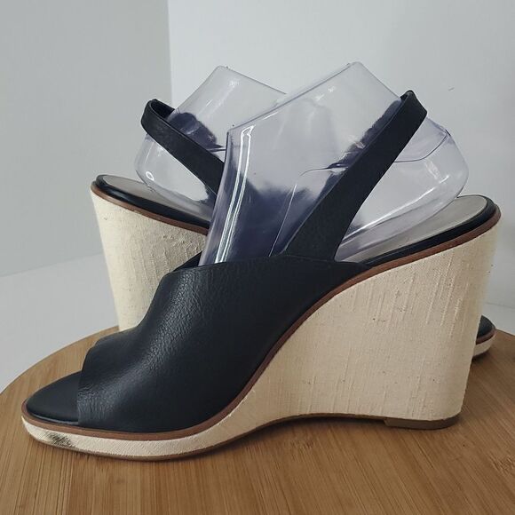 1. State Black Leather Genna Slingback Wedge Sandal Peep Toe Heel 10M - Picture 7 of 14